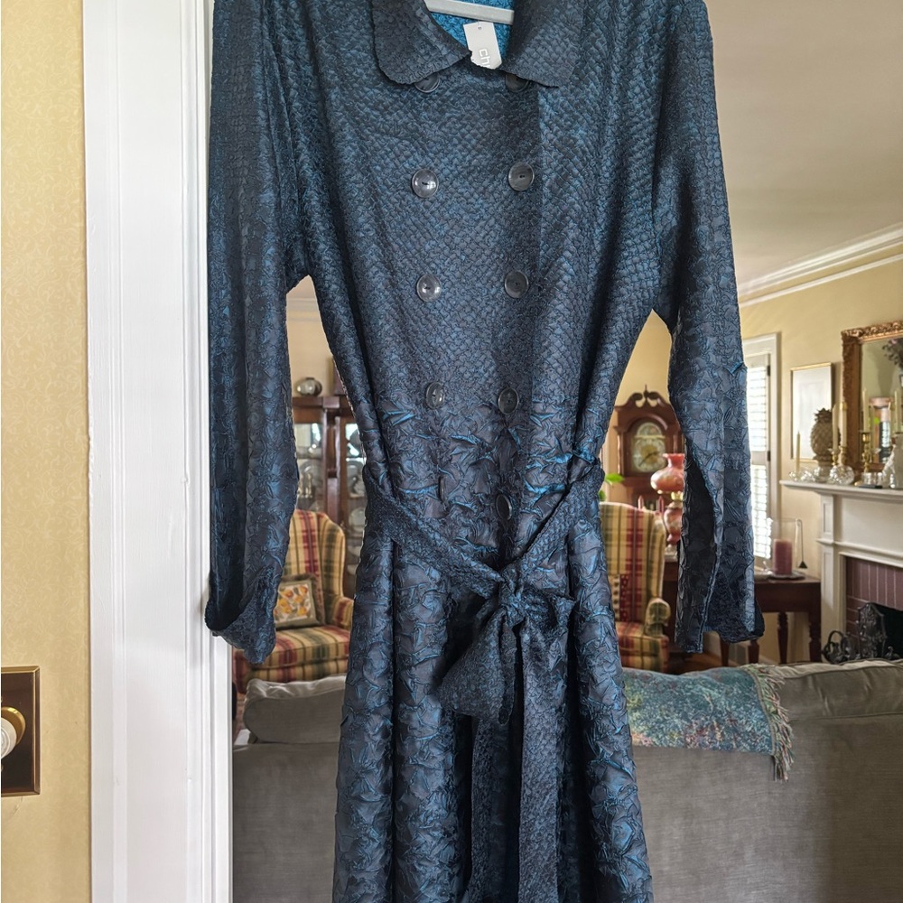 Chico's Blue Trench Coat with Belt and Long Sleeves